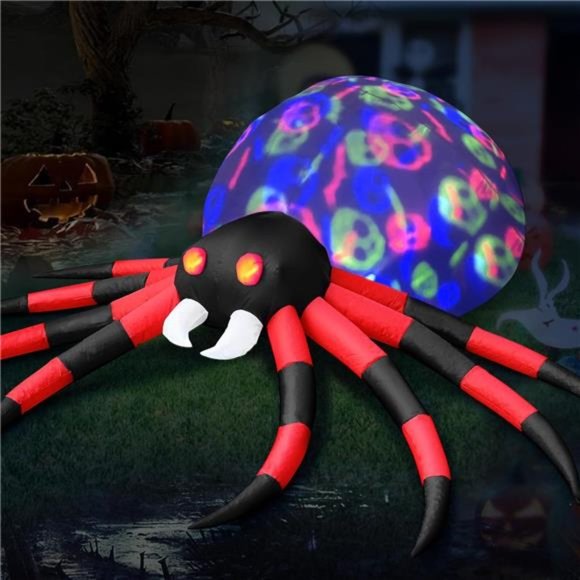 8 FT Halloween Inflatable Spider with LED Rotating Skull Head Lights & Red Eyes - Picture 1 of 6